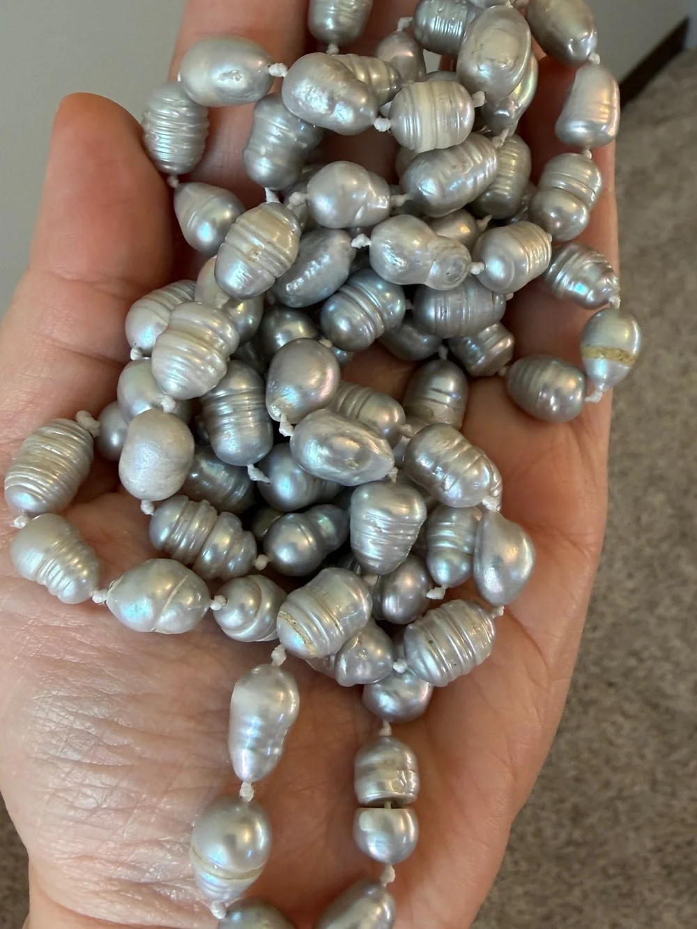 Long Gray Freshwater Baroque Pearl Necklace 48” Endless Knotted Strand